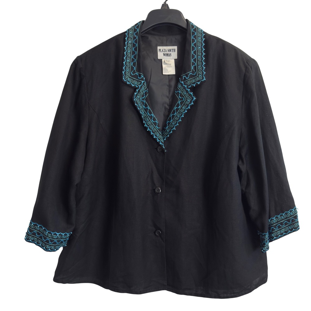 Plaza South Woman Black Linen Blend Embroidered Beaded Blazer Jacket 24W
